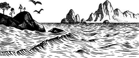 A black and white illustration depicting a coastal scene with waves, rocky mountains in the background, and birds flying above. Trees are visible on the shore, creating a serene landscape. vector