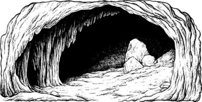 A detailed illustration of a cave interior, featuring rocky walls and a sandy floor. The cave has stalactites hanging from the ceiling and large boulders scattered inside, creating a mysterious atmosphere. vector