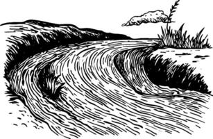 A hand-drawn illustration of a winding river flowing through a landscape, with hills in the background and a cloud above. The scene captures a serene and natural environment. vector