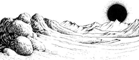 A black and white illustration depicting a barren landscape with mountains in the background and a large solar eclipse in the sky. The foreground features textured rock formations and a winding river. vector