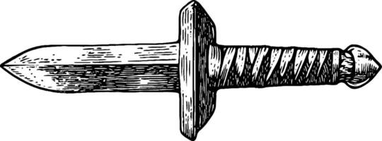 An illustration of a classic dagger with a straight blade and a textured handle. The design features a cross-guard and a rounded pommel, showcasing intricate details. vector
