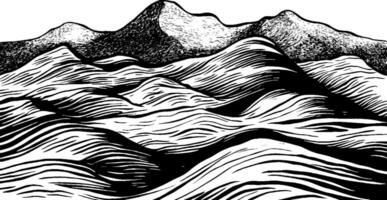 A stylized black and white illustration of rolling hills and mountains, featuring wavy lines and textures that create depth and movement in the landscape. vector