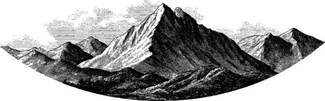 Vintage engraved banner featuring majestic mountain range for decorative use. vector