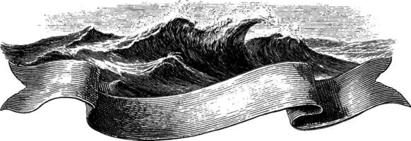 Engraved illustration of floating buoy on ocean waves. vector