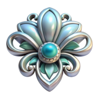 extraordinary inspired Photorealistic, professional render, isolated cutout of an Art Nouveau jewelry brooch, silver, enamel, floral motif, with Transparent Background png