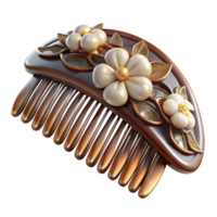distinctive urban Professional render, isolated cutout of an Art Nouveau hair comb, tortoiseshell material with inlaid mother-of-pearl flowers and vines with Transparent Background luxury png