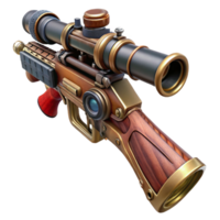fascinating unparalleled Steampunk rifle with a scope and intricate wood and metalwork with Transparent Background png