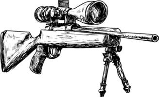 A detailed illustration of a sniper rifle with a scope and bipod. The rifle features a wooden stock and a long barrel, emphasizing precision and accuracy. vector