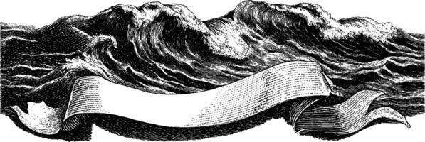 Ocean waves crashing in engraved illustration with blank banner design. vector