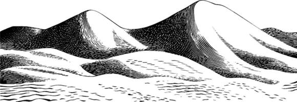 A stylized black and white illustration of rolling hills and dunes, showcasing smooth curves and textured shading to create depth and dimension. vector