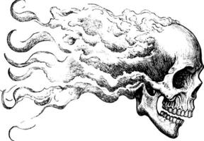 An artistic illustration of a skull with swirling smoke or vapor emanating from it, creating a ghostly effect. The design features intricate details and a monochrome color scheme. vector