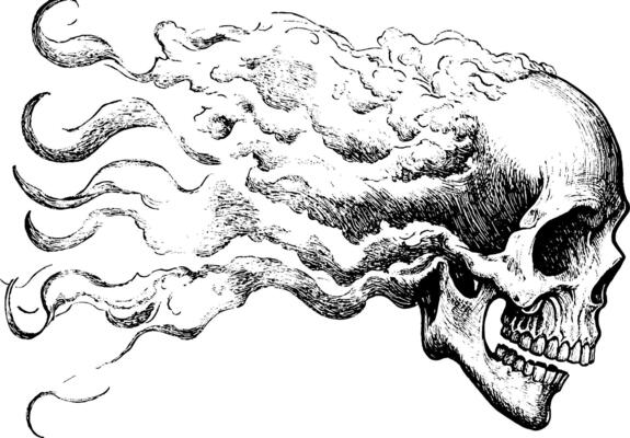 An artistic illustration of a skull with swirling smoke or vapor emanating from it, creating a ghostly effect. The design features intricate details and a monochrome color scheme.