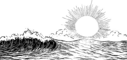 An artistic illustration of ocean waves with a bright sun in the background. The waves are detailed with flowing lines, and the sun radiates rays, creating a serene coastal scene. vector