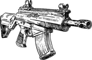 A detailed illustration of a modern assault rifle, showcasing its design and features. The rifle is depicted from a side angle, highlighting the magazine and barrel. vector
