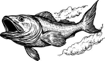 A detailed illustration of a fish jumping out of the water, with stylized clouds of spray behind it. The fish has a large mouth and intricate scales, showcasing a dynamic pose. vector
