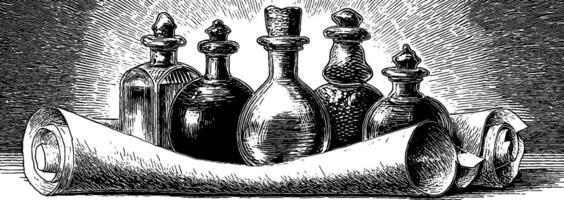 Magical potion bottles in vintage engraved art style for fantasy design. vector