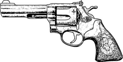 An illustration of a revolver with a detailed grip and barrel. The design features intricate engravings on the handle and a classic revolver shape. vector