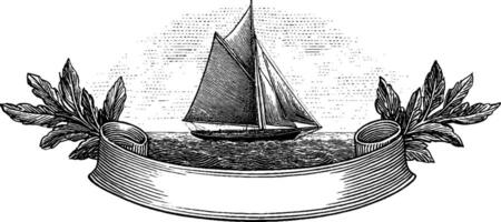 Vintage engraved illustration of a sailboat with nautical frame design. vector