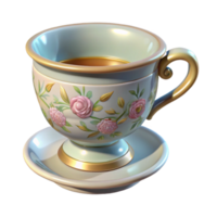dynamic impressive Hyper-specific professional render, isolated cutout of an Art Nouveau teacup, porcelain, delicate floral pattern, gold rim with Transparent Background authentic png