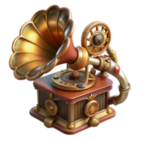 dreamy fascinating Steampunk gramophone with ornate brass horn and intricate gears with Transparent Background refined png