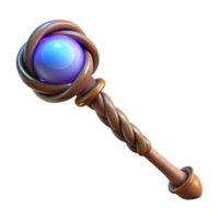 beautiful dynamic industrial Photorealistic, professional render of a single, magic staff, twisted wood, glowing orb at the top with Transparent Background sharp png