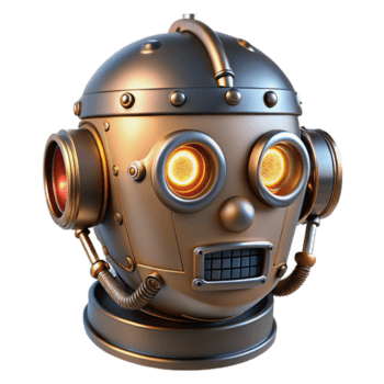 extraordinário se destacarem steampunk robô cabeça com brilhando conduziu olhos e exposto fios com transparente fundo png