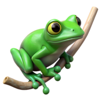 enchanting iconic Isolated cutout of a photorealistic, ultra-detailed professional render of a single green tree frog clinging to a thin, bare branch with Transparent Background png