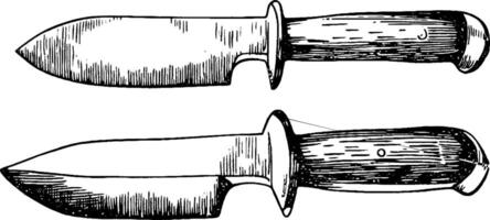 A vintage illustration of two knives, showcasing their blades and handles. The top knife has a wider blade, while the bottom knife features a more tapered design. Both have wooden handles. vector