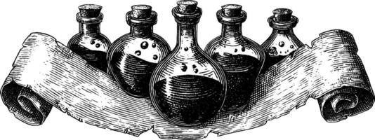 Vintage engraved illustration of magical potion bottles with scroll for fantasy design. vector