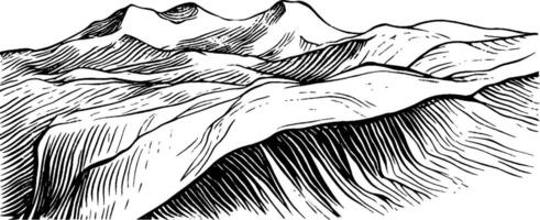 An artistic black and white illustration of rolling mountains with textured lines depicting slopes and peaks. vector