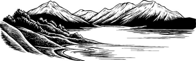 A black and white illustration of a serene landscape featuring mountains, a lake, and a shoreline. The mountains are depicted with sharp peaks, and the lake reflects the surrounding scenery. vector