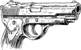 An illustration of a handgun, showcasing its detailed design and structure. The image captures the side view of the firearm, highlighting the trigger, barrel, and grip. vector