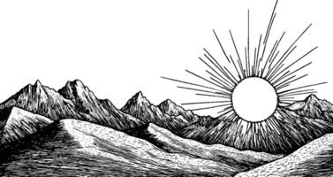 A black and white illustration of mountains with a large sun rising behind them, featuring rays extending outward. The scene captures a serene and majestic landscape. vector