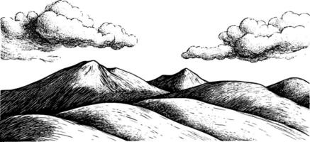 A black and white illustration of rolling hills and mountains under a cloudy sky. The landscape features smooth curves and textured peaks, creating a serene natural scene. vector