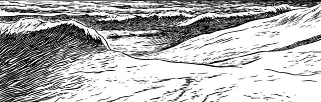 A detailed black and white illustration of a mountainous landscape, featuring rolling hills and valleys with a dramatic sky above. The lines create a sense of depth and texture in the terrain. vector