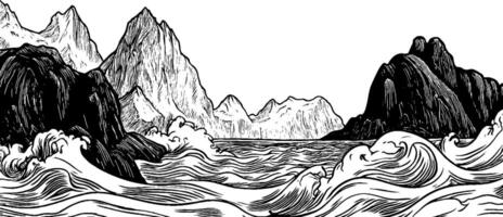 A black and white illustration of a turbulent ocean scene with large waves crashing against rocky cliffs and mountains in the background. vector