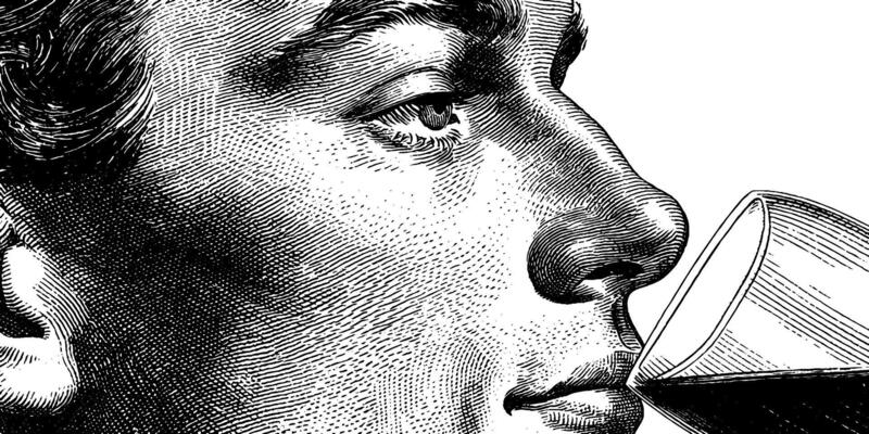 Vintage engraving of a caucasian male drinking from a glass.