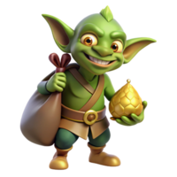 immaculate nostalgic artistic A cartoon goblin, mischievous expression, holding a sack of gold with Transparent Background masterfully captured png