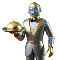 breathtaking unforgettable Professional render, photorealistic, isolated cutout A silver and gold Art Deco robot butler holding a serving tray with Transparent Background png