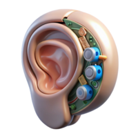reflective sumptuous Hyper-specific, photorealistic, isolated cutout, concept art style of a single, advanced, cybernetic ear implant with intricate circuitry with Transparent Background original png