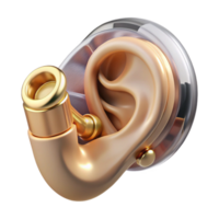 bold picturesque Hyper-specific photorealistic biomechanical ear, internal components visible, audio receptors enhanced, chrome and gold, isolated cutout with Transparent Background handcrafted png