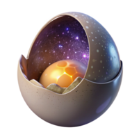 fascinating tranquil vintage Ultra-detailed, professional render of a solitary, levitating, cracked, eggshell, with a miniature, glowing galaxy visible inside with Transparent Background handcrafted png