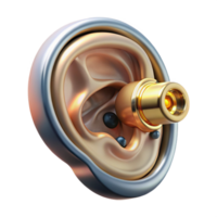 impressive timeless Hyper-specific photorealistic biomechanical ear, internal components visible, audio receptors enhanced, chrome and gold, isolated cutout with Transparent Background png