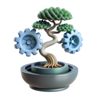 bold radiant Concept art style, isolated cutout of a single, floating, bonsai tree made entirely of interconnected gears and springs with Transparent Background professional png