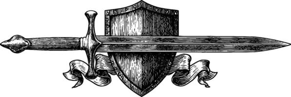 Medieval sword and shield engraving with ornate details for historical design. vector