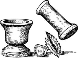 An illustration of a mortar and pestle, with the pestle tilted as if in motion. Two leaves are nearby, suggesting the use of herbs or spices. The style is vintage and detailed, emphasizing the texture of the materials. vector