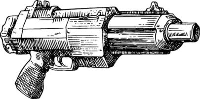 An illustration of a vintage firearm, showcasing intricate details and a unique design. The gun features a textured grip and a distinctive barrel, emphasizing its mechanical components. vector