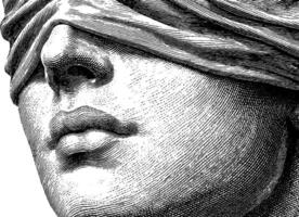 Engraved portrait of blindfolded figure in classical style. vector