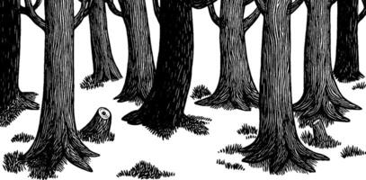 A black and white illustration of a dense forest with tall trees, featuring detailed bark textures and a stump on the ground. The scene conveys a sense of depth and tranquility. vector