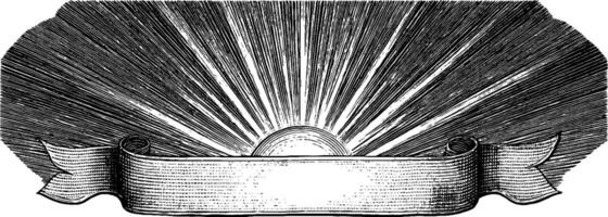 Vintage engraved sunburst design with blank ribbon for custom text. vector